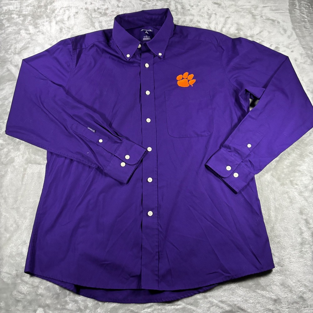 Antigua Clemson Tigers Mens Large Purple Button Down Shirt Long Sleeve NCAA Logo